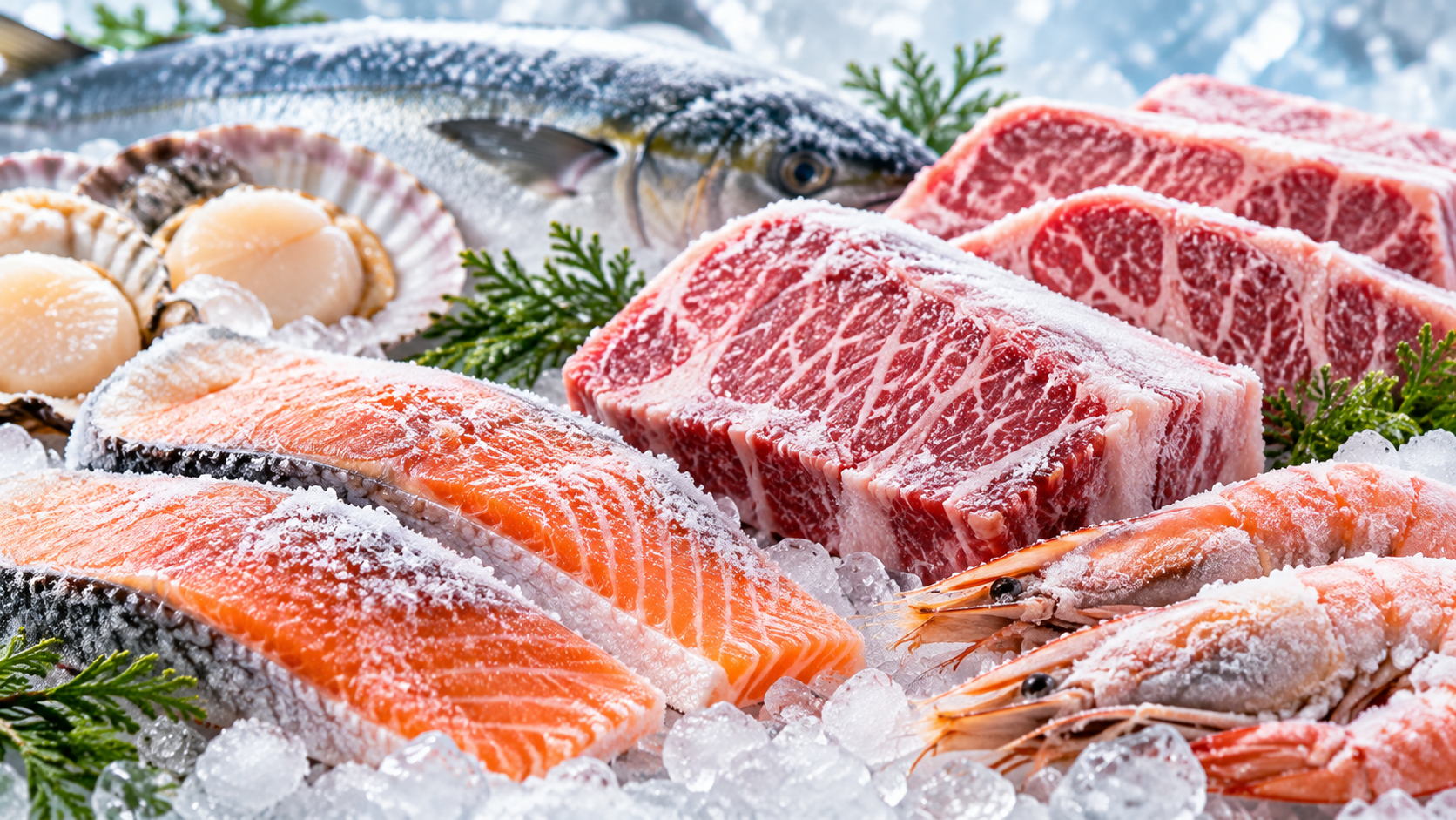 冷凍された魚介類と牛肉のイメージ